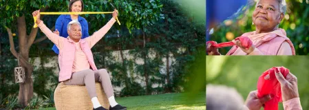 Boehringer Organe sind Teamplayer NL WDT 2025 Mehrere Bilder von aktiven älteren Menschen mit Sitzball und Theraband