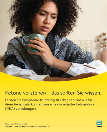 Eine junge Frau mit einer Tasse in der Hand blickt intensiv auf den Tisch vor sich, darunter steht schwar auf gelb: "Ketone verstehen - das sollten Sie wissen"
