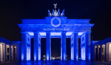 Brandenburger Tor in Blau anl&auml;sslich des Weltdiabetestags 2026