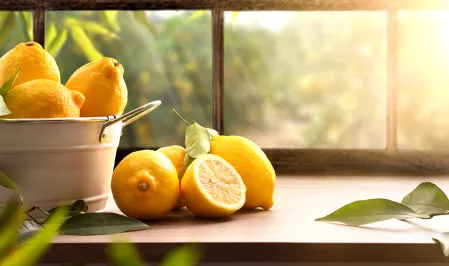 Ein weißes Metallgefäß ist mit Zitronen gefüllt. Daneben liegen halbierte und ganze frische Zitronen. Durch das Fenster im Hintergrund sind frisches Grün und Sonnenstrahlen zu sehen. 