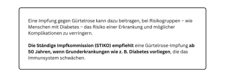 Info-Kasten Gürtelrose: STIKO-Empfehlung zur Impfung Info-Kasten Gürtelrose-Impfung: Die Ständige Impfkommission (STIKO) empfiehlt eine Gürtelrose-Impfung ab 50 Jahren, wenn Grunderkrankungen wie z. B. Diabetes vorliegen, die das Immunsystem schwächen.