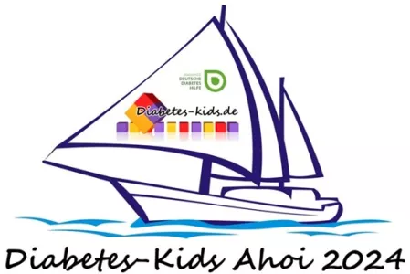 Ein illustriertes Schiff, auf dessen Segel das DiabetesDE Logo und das Logo von Diabetes-kids.de steht.