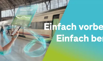 Junger Mann von futuristischen Bildschirm, der vor ihm in der Luft zu schweben scheint, dazu der Text "Einfach vorbereitet. Einfach beruhigt."