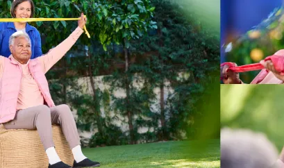 Mehrere Bilder von aktiven älteren Menschen mit Sitzball und Theraband