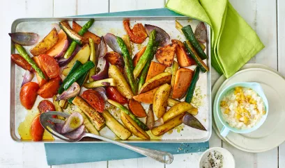 Frühlings-Ofengemüse mit Currydip