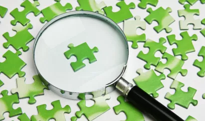 Lupe mit grünen Puzzle-Teilen