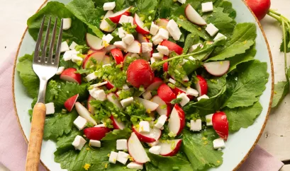 Radieschen und veganer Feta auf einem Bett von Radieschenblättern