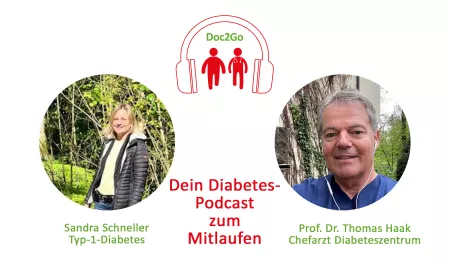 Teaserbild für Doc2Go Folge 2 der vierten Staffel. Links im Bild ist Sandra Schneller im Wald. Sie hat Diabetes Typ 1. Rechts Prof. Dr. Thomas Haak auch draußen. 